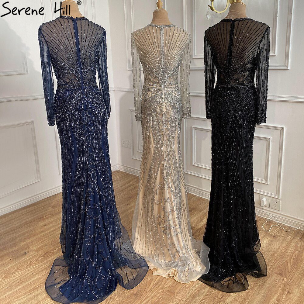 Vestido de noche de lujo de Dubái, gris, con mangas largas y escote redondo, corte sirena, corte diamante, talla grande 2025 LA70116 