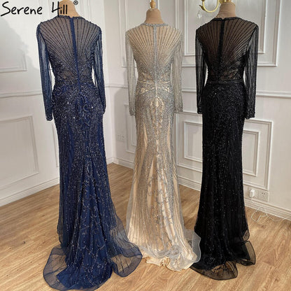 Vestido de noche de lujo de Dubái, gris, con mangas largas y escote redondo, corte sirena, corte diamante, talla grande 2025 LA70116 