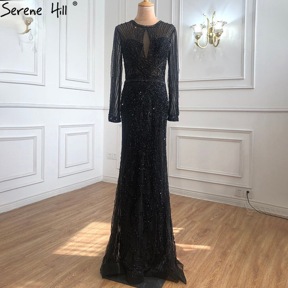 Vestido de noche de lujo de Dubái, gris, con mangas largas y escote redondo, corte sirena, corte diamante, talla grande 2025 LA70116 