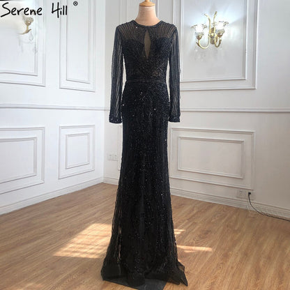 Vestido de noche de lujo de Dubái, gris, con mangas largas y escote redondo, corte sirena, corte diamante, talla grande 2025 LA70116 