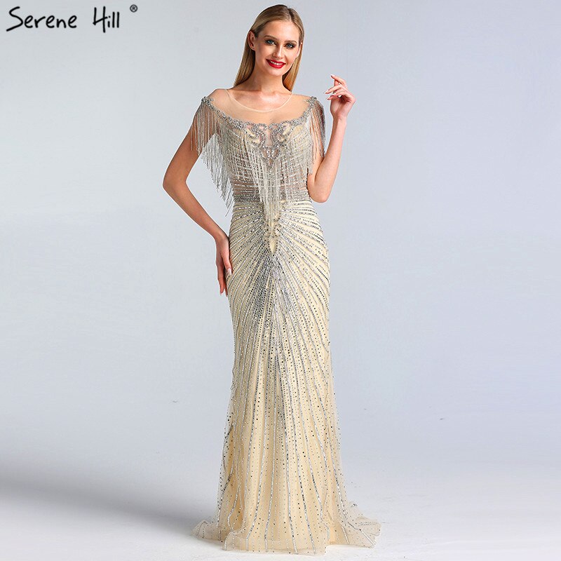 Vestidos de noche de lujo con borlas y cuentas de Dubái 2025, último diseño, vestidos de noche de sirena plateados LA60847 