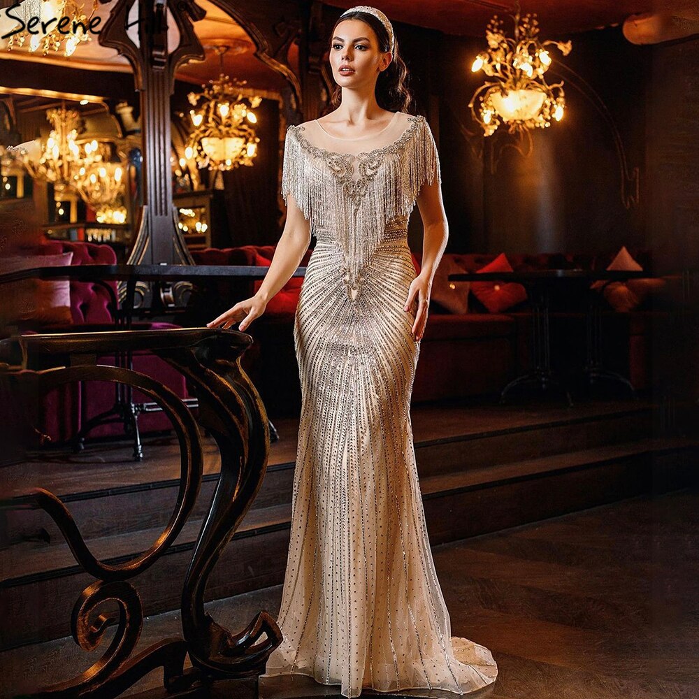 Vestidos de noche de lujo con borlas y cuentas de Dubái 2025, último diseño, vestidos de noche de sirena plateados LA60847 