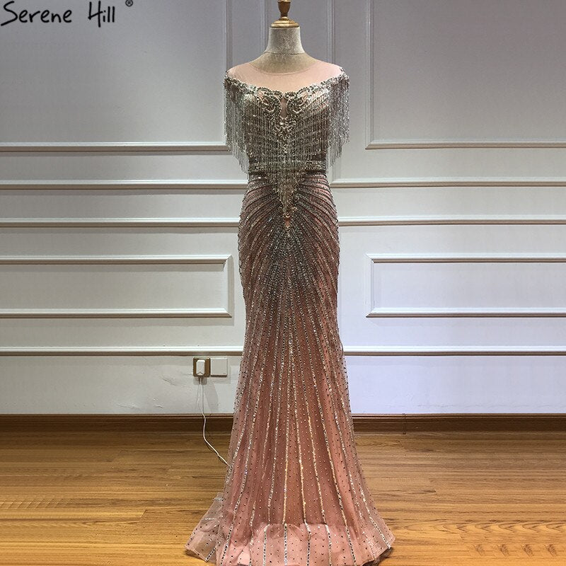 Vestidos de noche de lujo con borlas y cuentas de Dubái 2025, último diseño, vestidos de noche de sirena plateados LA60847 