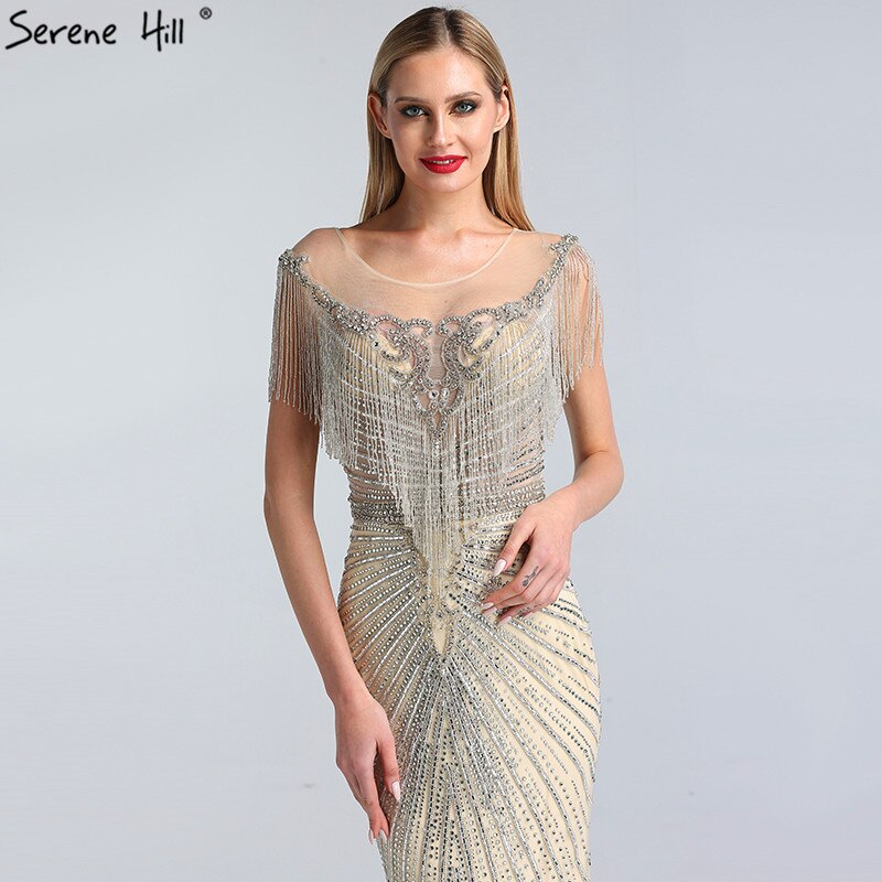 Vestidos de noche de lujo con borlas y cuentas de Dubái 2025, último diseño, vestidos de noche de sirena plateados LA60847 