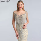 Vestidos de noche de lujo con borlas y cuentas de Dubái 2025, último diseño, vestidos de noche de sirena plateados LA60847 
