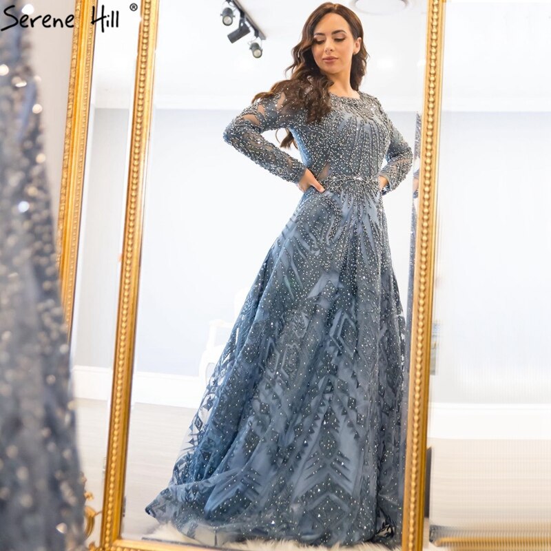 Vestido de noche musulmán largo de corte A con encaje azul marino y cuentas de diseñador de lujo de Dubái 2025, vestido formal de talla grande LA60900 