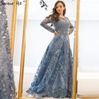 Vestido de noche musulmán largo de corte A con encaje azul marino y cuentas de diseñador de lujo de Dubái 2025, vestido formal de talla grande LA60900 