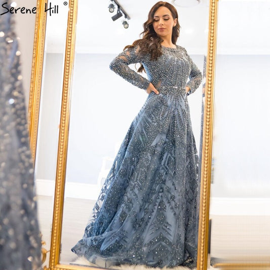Dubai Luxus Designer Marineblau Spitze Perlen A-Linie Muslim Lange Abendkleider 2025 Abendkleid Plus Size LA60900 