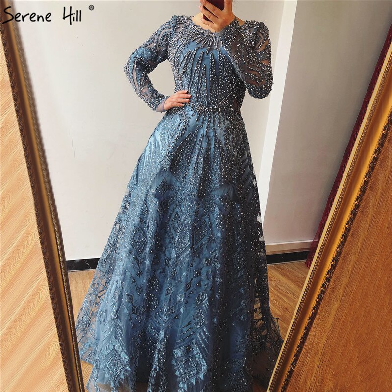 Vestido de noche musulmán largo de corte A con encaje azul marino y cuentas de diseñador de lujo de Dubái 2025, vestido formal de talla grande LA60900 
