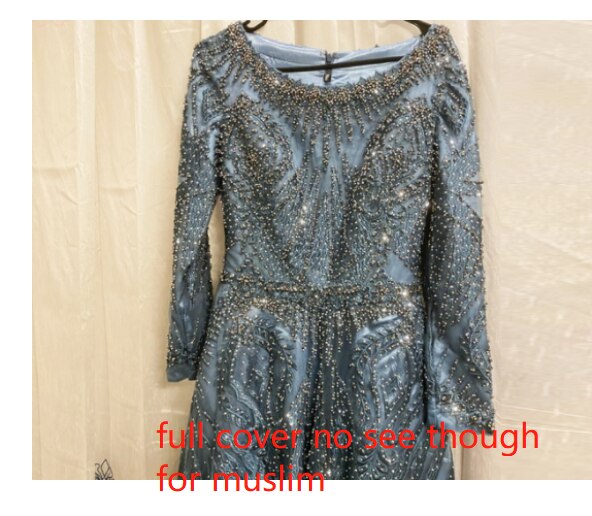 Vestido de noche musulmán largo de corte A con encaje azul marino y cuentas de diseñador de lujo de Dubái 2025, vestido formal de talla grande LA60900 