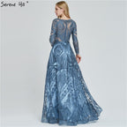 Vestido de noche musulmán largo de corte A con encaje azul marino y cuentas de diseñador de lujo de Dubái 2025, vestido formal de talla grande LA60900 
