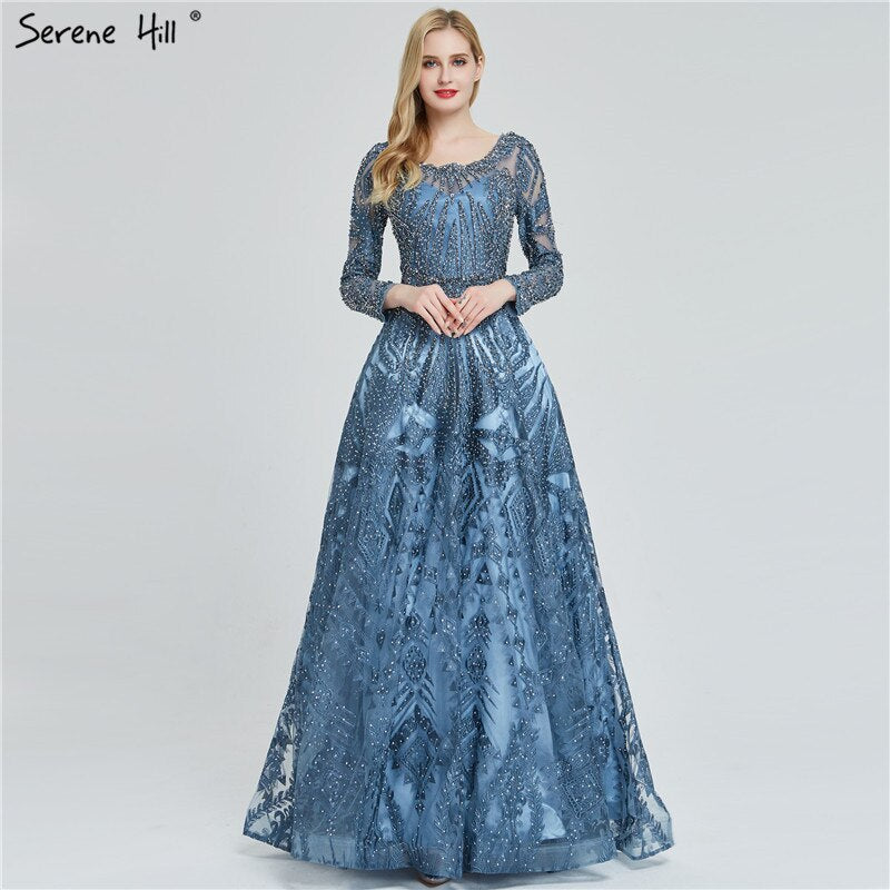 Vestido de noche musulmán largo de corte A con encaje azul marino y cuentas de diseñador de lujo de Dubái 2025, vestido formal de talla grande LA60900 
