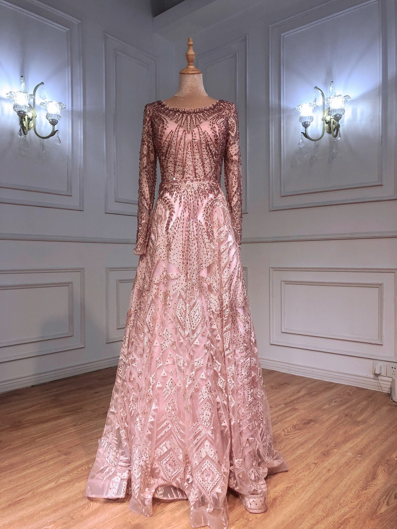 Vestido de noche musulmán largo de corte A con encaje azul marino y cuentas de diseñador de lujo de Dubái 2025, vestido formal de talla grande LA60900 