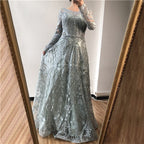 Vestido de noche musulmán largo de corte A con encaje azul marino y cuentas de diseñador de lujo de Dubái 2025, vestido formal de talla grande LA60900 