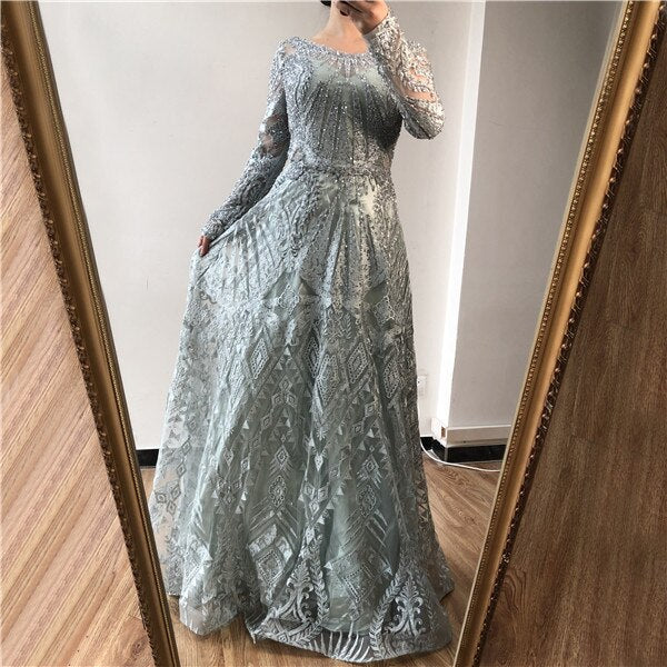 Vestido de noche musulmán largo de corte A con encaje azul marino y cuentas de diseñador de lujo de Dubái 2025, vestido formal de talla grande LA60900 