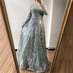 Vestido de noche musulmán largo de corte A con encaje azul marino y cuentas de diseñador de lujo de Dubái 2025, vestido formal de talla grande LA60900 