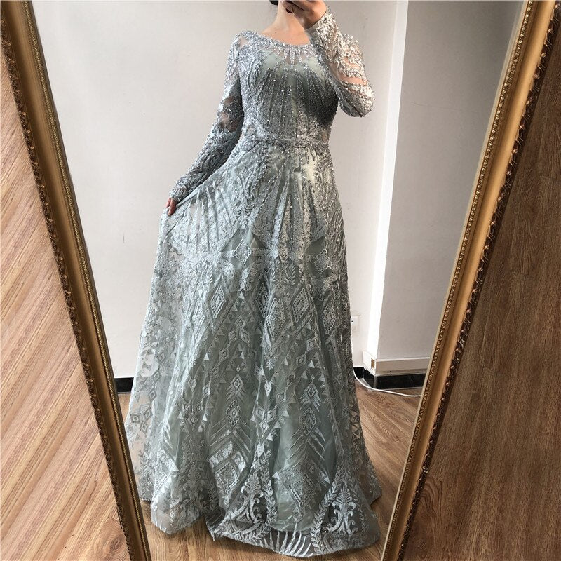 Vestido de noche musulmán largo de corte A con encaje azul marino y cuentas de diseñador de lujo de Dubái 2025, vestido formal de talla grande LA60900 