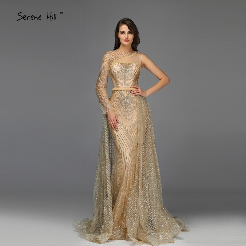 Im Angebot, keine Rückgabe, keine Rückerstattung. Verkauf von Dubai Luxury Gold One Shoulder Abendkleider 2025 Mermaid Sexy Glitter Abendkleider Design LA70044 