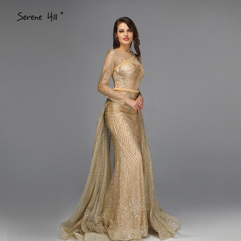 Im Angebot, keine Rückgabe, keine Rückerstattung. Verkauf von Dubai Luxury Gold One Shoulder Abendkleider 2025 Mermaid Sexy Glitter Abendkleider Design LA70044 
