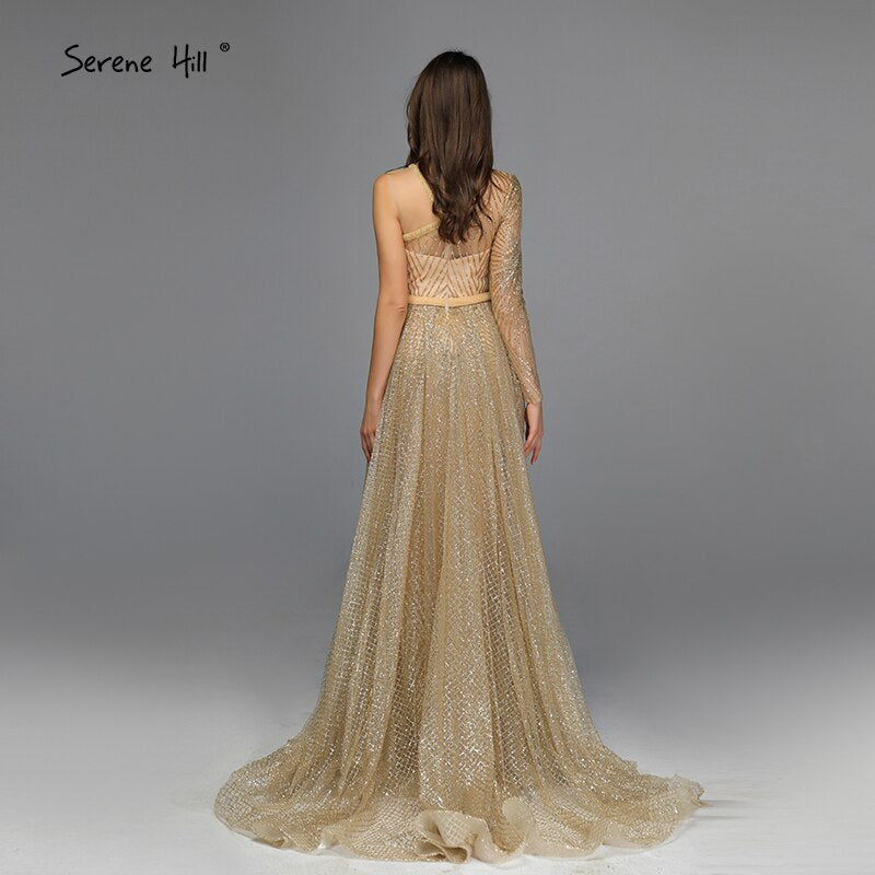 Im Angebot, keine Rückgabe, keine Rückerstattung. Verkauf von Dubai Luxury Gold One Shoulder Abendkleider 2025 Mermaid Sexy Glitter Abendkleider Design LA70044 