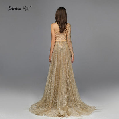 En oferta, sin devolución ni reembolso. Vestidos de noche de lujo en Dubái, dorados, de un solo hombro, 2025, sirena, sexy, con brillo, diseño LA70044. 