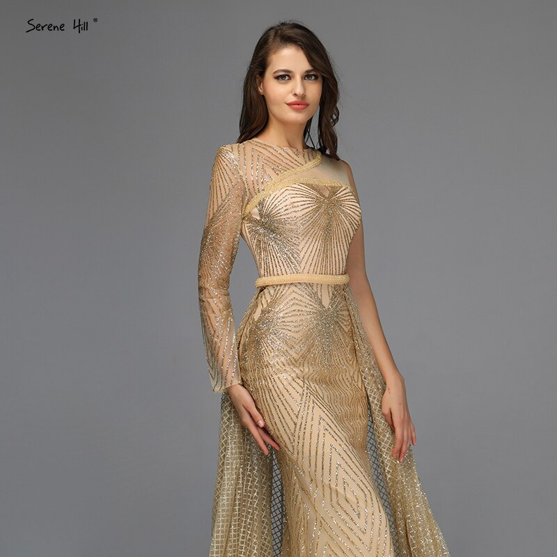 Im Angebot, keine Rückgabe, keine Rückerstattung. Verkauf von Dubai Luxury Gold One Shoulder Abendkleider 2025 Mermaid Sexy Glitter Abendkleider Design LA70044 
