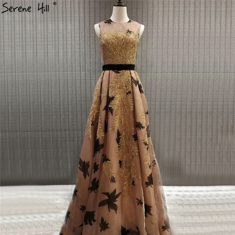 Im Angebot, keine Rückgabe, keine Rückerstattung. Verkauf: Dubai Luxus-Abendkleider mit goldenen Pailletten in A-Linie, O-Ausschnitt, ärmellos, sexy, formelles Kleid 2025 LA70001 