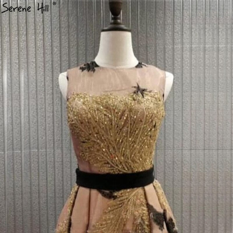 En oferta, sin devolución ni reembolso. Vestidos de noche de lujo en Dubái con lentejuelas doradas, corte A, cuello redondo, sin mangas, sexy, formal, 2025 LA70001. 