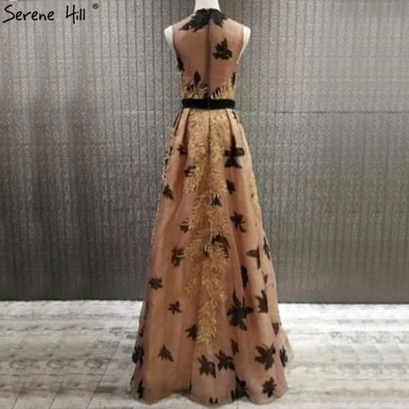 Im Angebot, keine Rückgabe, keine Rückerstattung. Verkauf: Dubai Luxus-Abendkleider mit goldenen Pailletten in A-Linie, O-Ausschnitt, ärmellos, sexy, formelles Kleid 2025 LA70001 