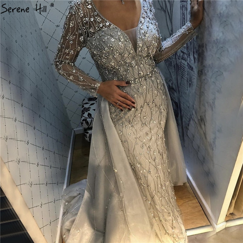 Vestido de noche de lujo en gris con cola desmontable de Dubái 2025, largo, sirena, con diamantes y cuentas, vestido formal LA70341 