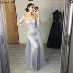 Vestido de noche de lujo en gris con cola desmontable de Dubái 2025, largo, sirena, con diamantes y cuentas, vestido formal LA70341 