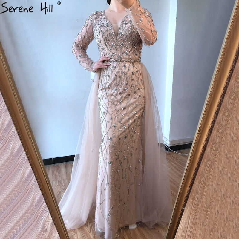 Vestido de noche de lujo en gris con cola desmontable de Dubái 2025, largo, sirena, con diamantes y cuentas, vestido formal LA70341 