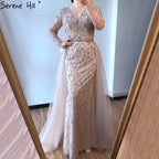 Vestido de noche de lujo en gris con cola desmontable de Dubái 2025, largo, sirena, con diamantes y cuentas, vestido formal LA70341 