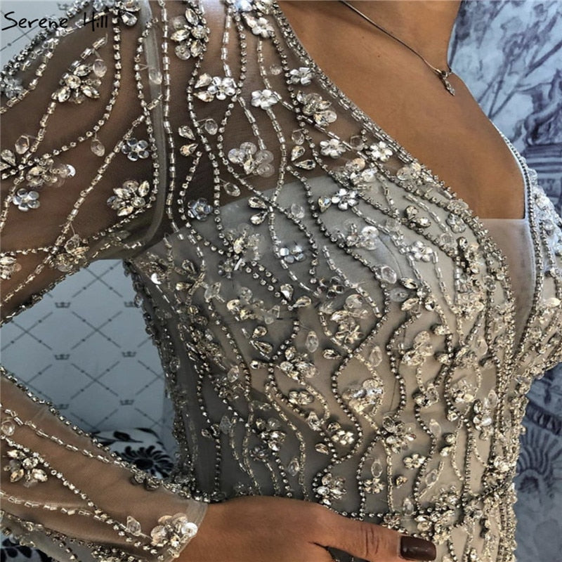 Vestido de noche de lujo en gris con cola desmontable de Dubái 2025, largo, sirena, con diamantes y cuentas, vestido formal LA70341 