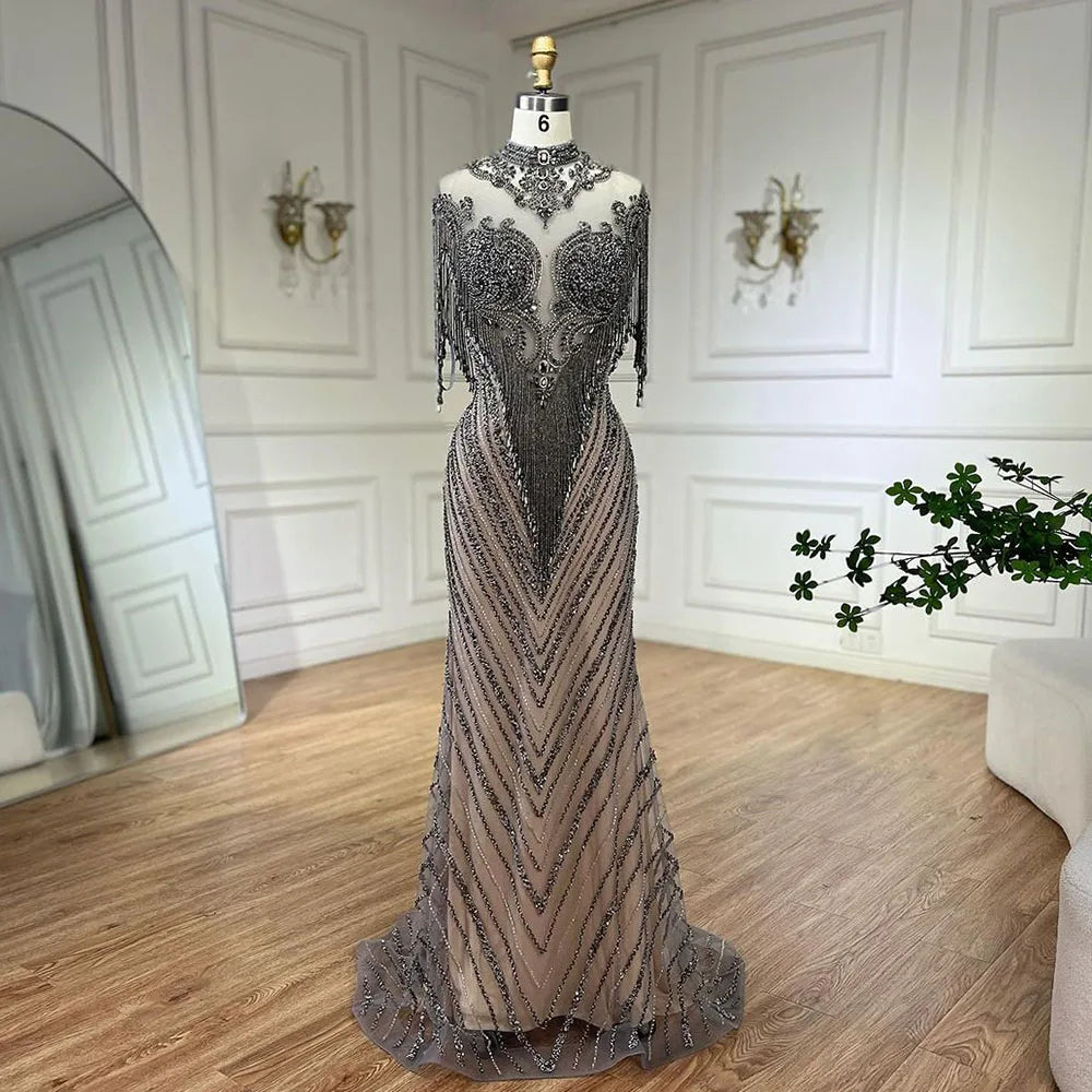Vestidos de noche de lujo de Dubái 2025, gris champán, con borlas y cuentas, formales, LA60811 