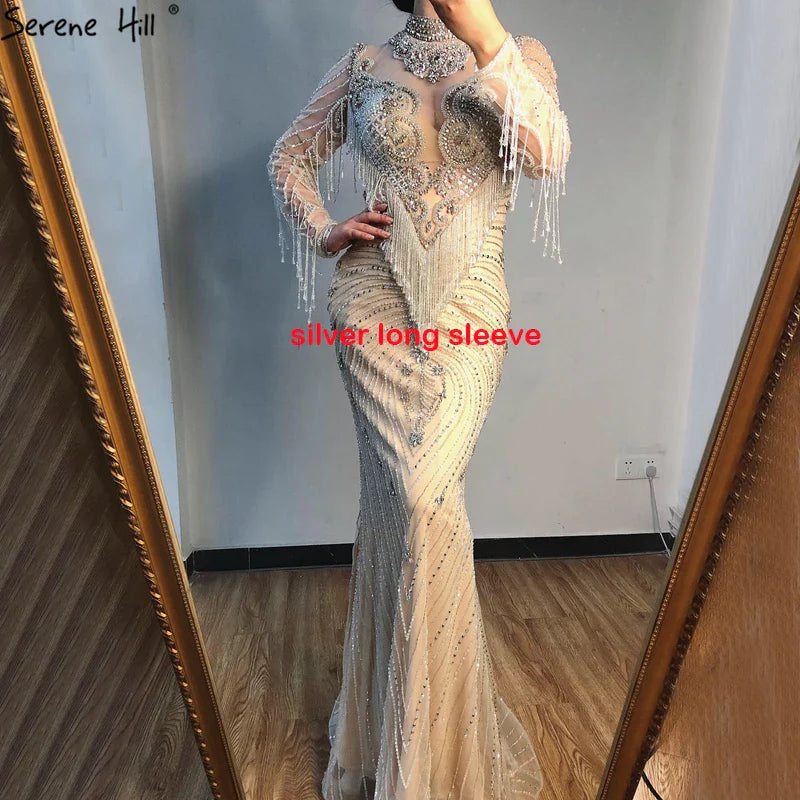 Vestidos de noche de lujo de Dubái 2025, gris champán, con borlas y cuentas, formales, LA60811 