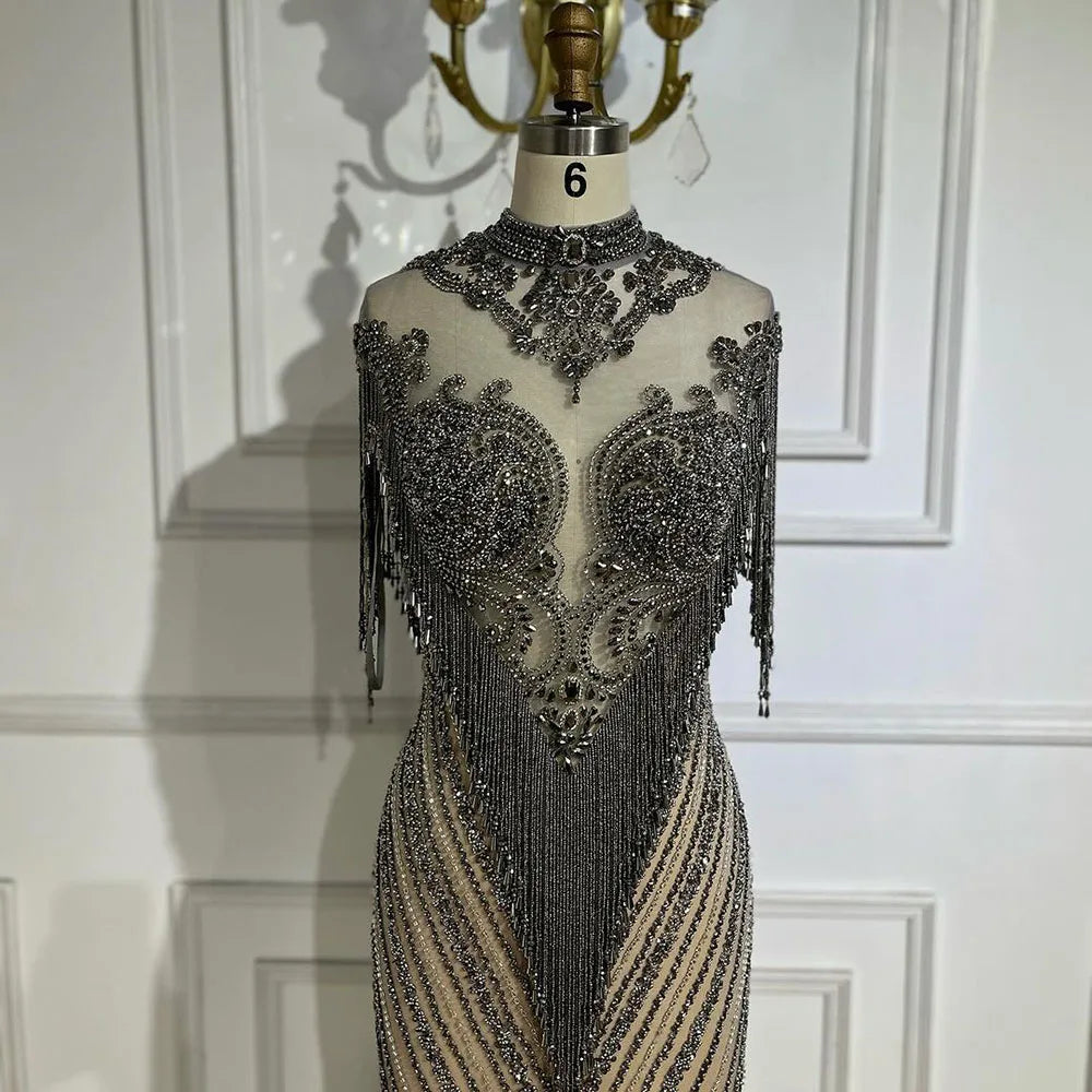 Vestidos de noche de lujo de Dubái 2025, gris champán, con borlas y cuentas, formales, LA60811 