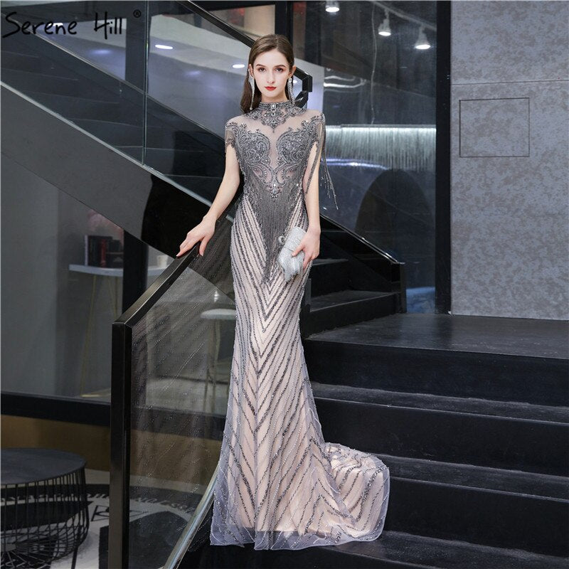 Vestidos de noche sexys de lujo de Dubái 2025, color gris champán, con borlas y cuentas, vestido formal LA60811 