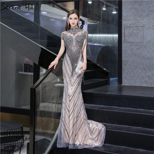 Dubai Luxus High-end Sexy Abendkleider 2025 Champagner Grau Perlen Quaste Formale Kleid LA60811 