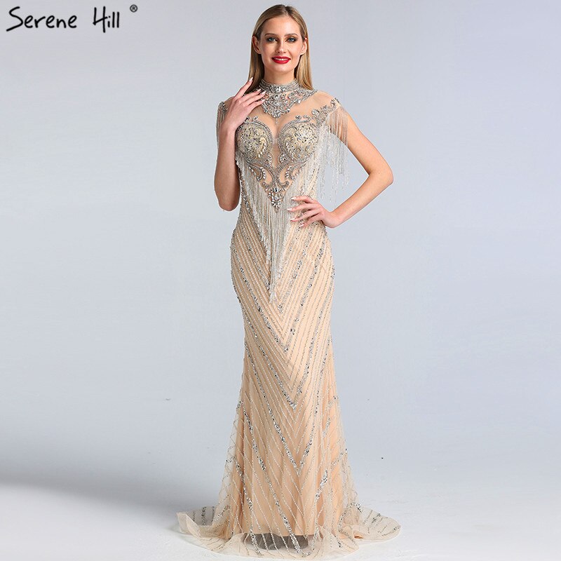 Vestidos de noche sexys de lujo de Dubái 2025, color gris champán, con borlas y cuentas, vestido formal LA60811 