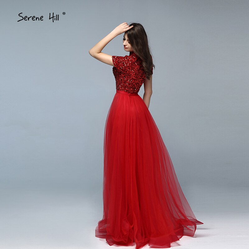 Vestidos de noche rojos de lujo de Dubái, última tendencia, 2025, con mangas cortas y cristales, LA60793