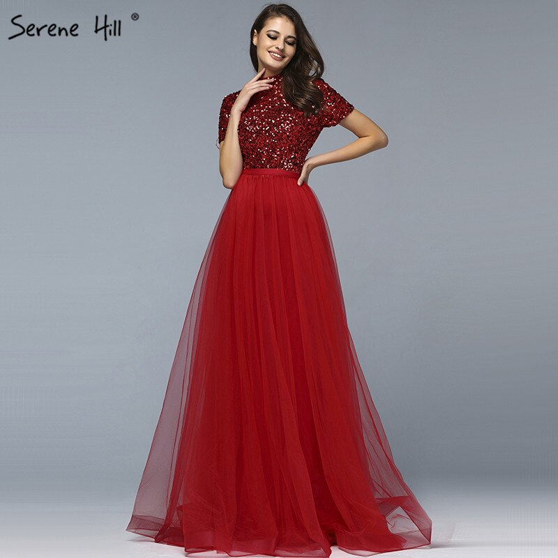 Vestidos de noche rojos de lujo de Dubái, última tendencia, 2025, con mangas cortas y cristales, LA60793