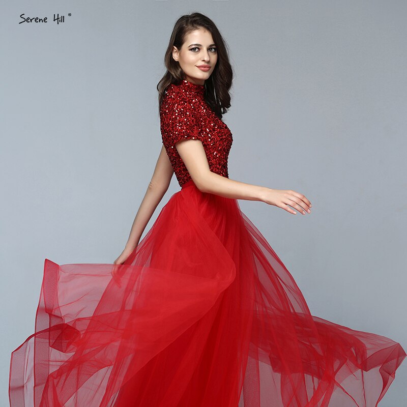 Vestidos de noche rojos de lujo de Dubái, última tendencia, 2025, con mangas cortas y cristales, LA60793
