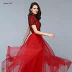 Vestidos de noche rojos de lujo de Dubái, última tendencia, 2025, con mangas cortas y cristales, LA60793