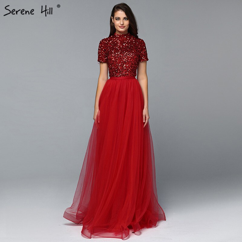 Vestidos de noche rojos de lujo de Dubái, última tendencia, 2025, con mangas cortas y cristales, LA60793