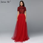 Vestidos de noche rojos de lujo de Dubái, última tendencia, 2025, con mangas cortas y cristales, LA60793