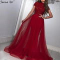 Vestidos de noche rojos de lujo de Dubái, última tendencia, 2025, con mangas cortas y cristales, LA60793