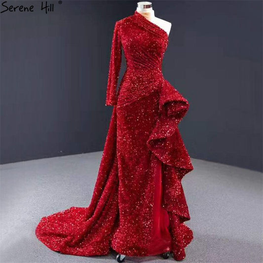 Dubai Luxus One-Shoulder Red Abendkleider 2025 Pailletten Sparkle Mermaid Sexy Fromal Kleid HM67056 
