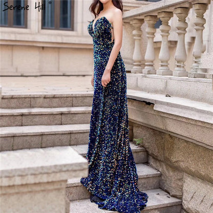 En oferta, sin devolución ni reembolso. Vestidos de noche de lujo en Dubái con lentejuelas brillantes y sensuales, corte en A con escote corazón y cola, LA70273. 