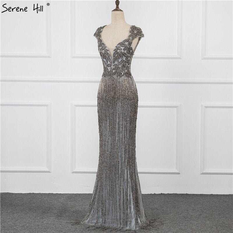 Vestido de noche sexy de lujo de Dubái con escote en V y mangas largas, color plateado, con borlas y cuentas, LA70061 